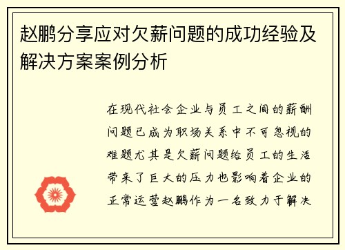 赵鹏分享应对欠薪问题的成功经验及解决方案案例分析